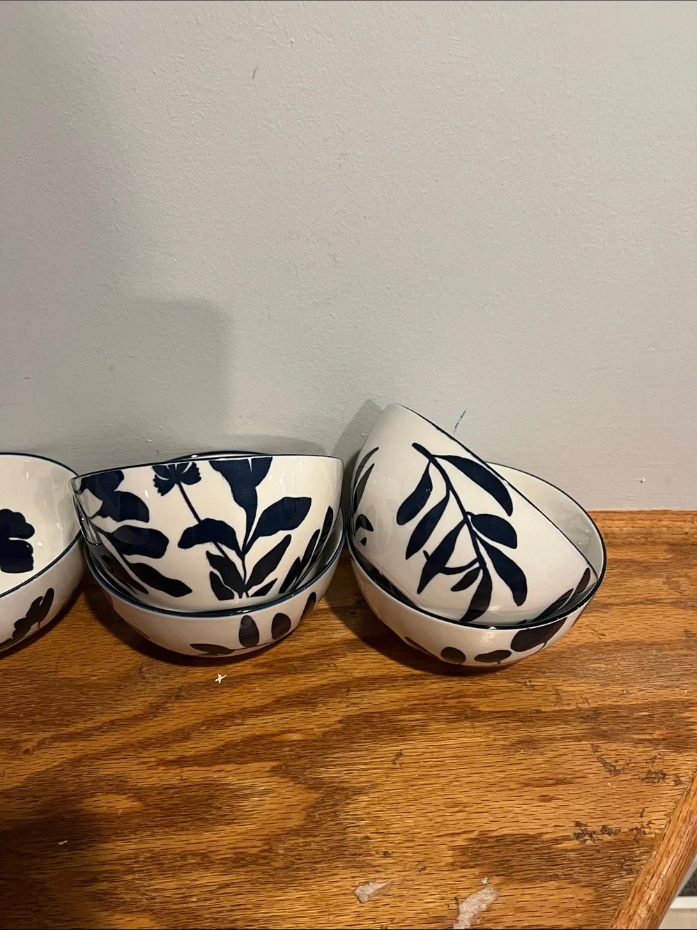 Arbor White Stoneware Bowl Set with Blue Botanical Design - 6 Pieces